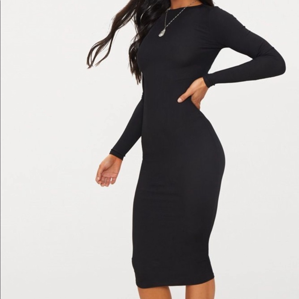 Black Ribbed Long Sleeve Midi Dress